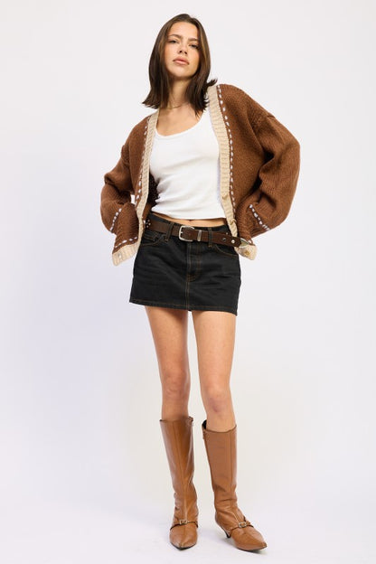 Full body front view of Kortney Button Down Contrasted Cardigan styled with skirt and tank