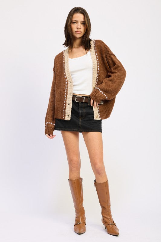 Full body front view of Kortney Button Down Contrasted Cardigan styled with skirt and tank