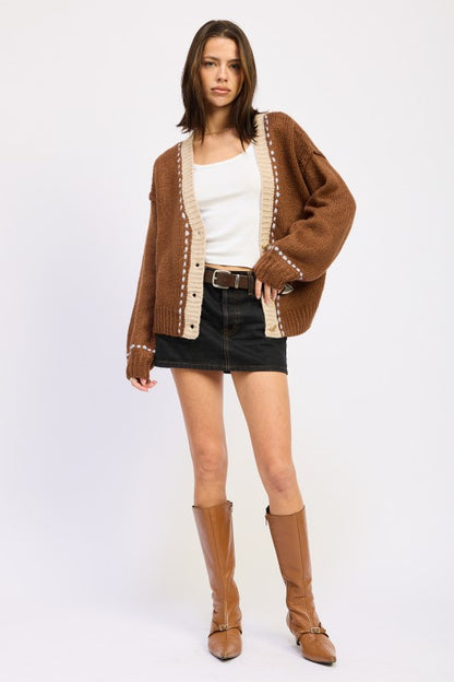 Full body front view of Kortney Button Down Contrasted Cardigan styled with skirt and tank