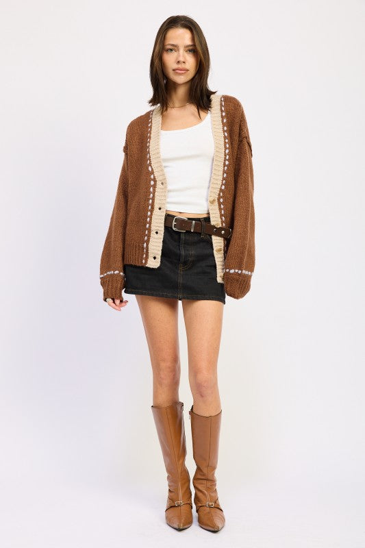 Model full body front view wearing Kortney Contrasted Cardigan with casual outfit