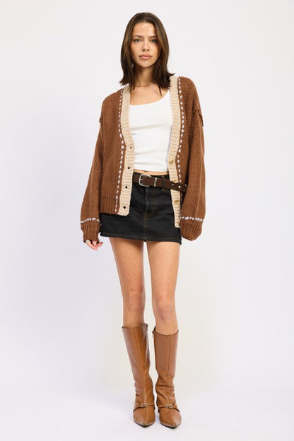 Model full body front view wearing Kortney Contrasted Cardigan with casual outfit