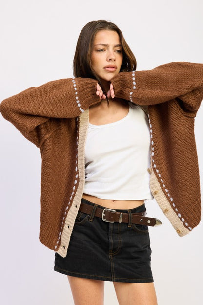 Kortney Button Down Cardigan front view highlighting contrast placket trim