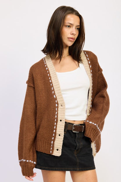 Kortney Contrasted Cardigan front view with button detail and long sleeves