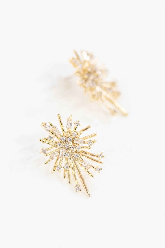 Side view of Flare Post Earrings with gold burst and sparkling stones