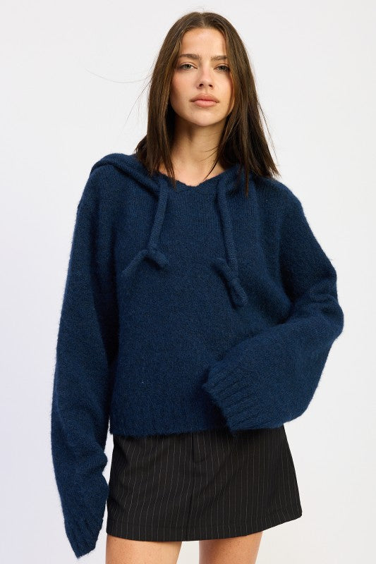 Navy Juniper Fringe Hoodie front view with oversized fit and hood