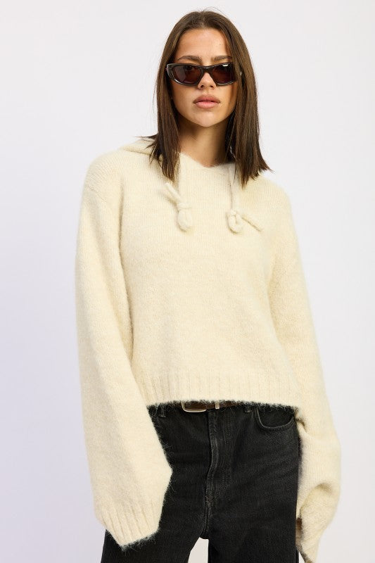 Ivory Juniper Fringe Hoodie front view with relaxed fit and drawstrings