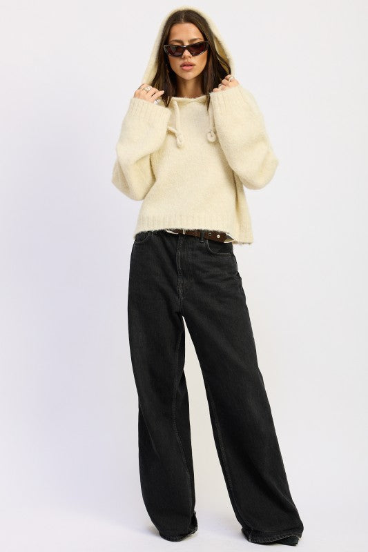 Ivory Juniper Fringe Hoodie full body front view styled with sunglasses
