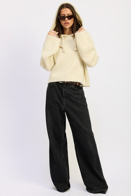 Ivory Juniper Fringe Hoodie full body front view styled with sunglasses