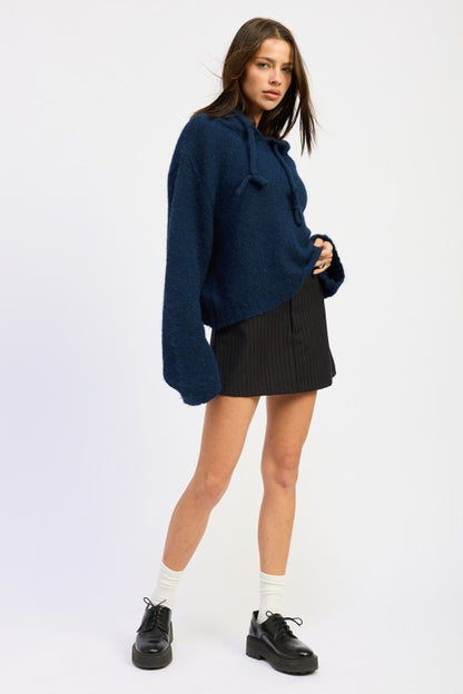 Navy Juniper Fringe Hoodie side view showing loose relaxed fit