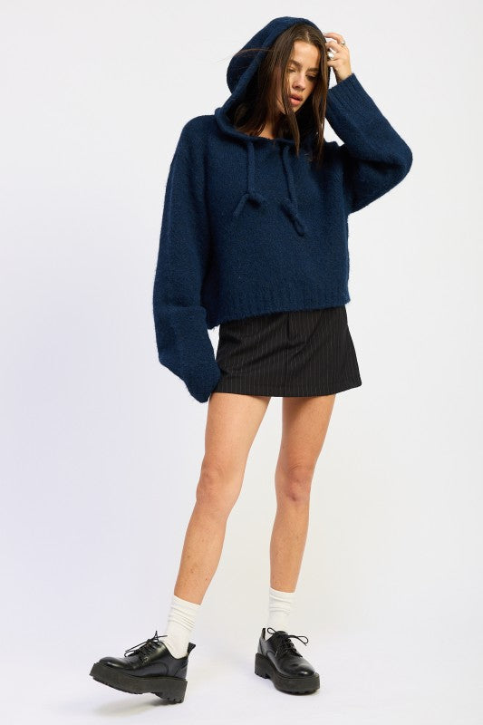 Navy Juniper Fringe Hoodie full body with pinstripe mini skirt outfit