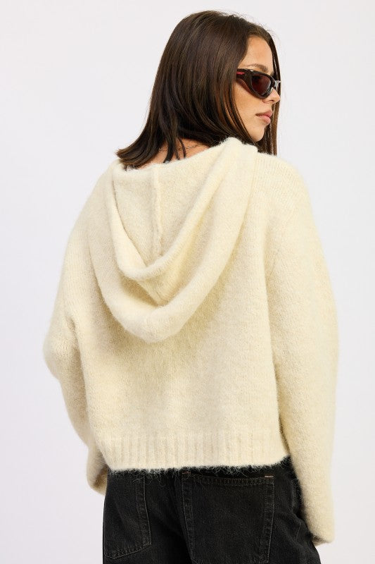 Ivory Juniper Fringe Hoodie back view with hood detail