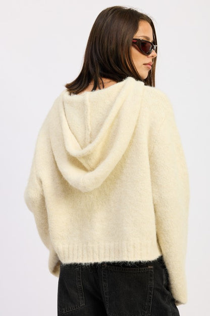 Ivory Juniper Fringe Hoodie back view with hood detail