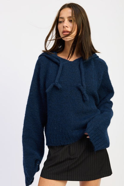 Navy Juniper Fringe Hoodie front view styled casually with black skirt