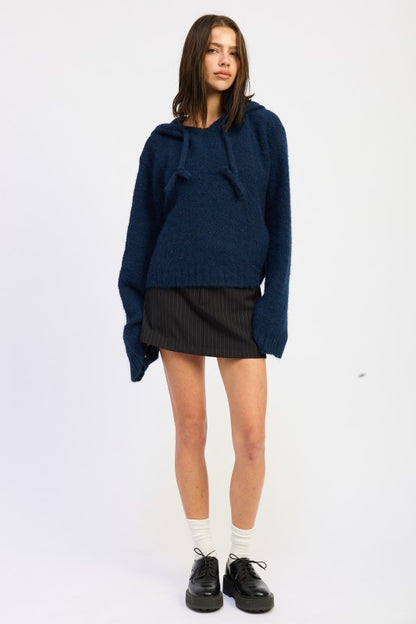 Navy Juniper Fringe Hoodie full body casual streetwear outfit