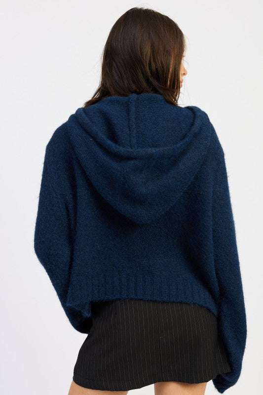 Navy Juniper Fringe Hoodie back view with hood detail