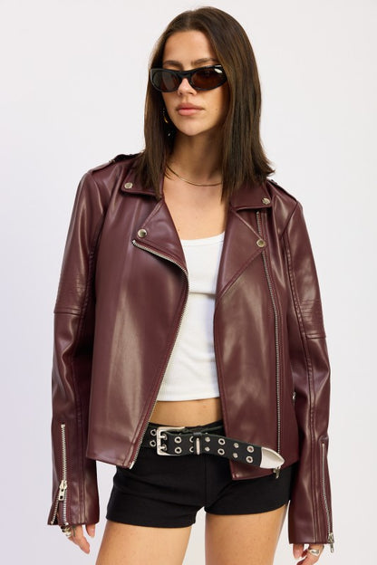 Gwen Faux Leather Biker Jacket in burgundy, front view with asymmetrical zip and silver hardware.