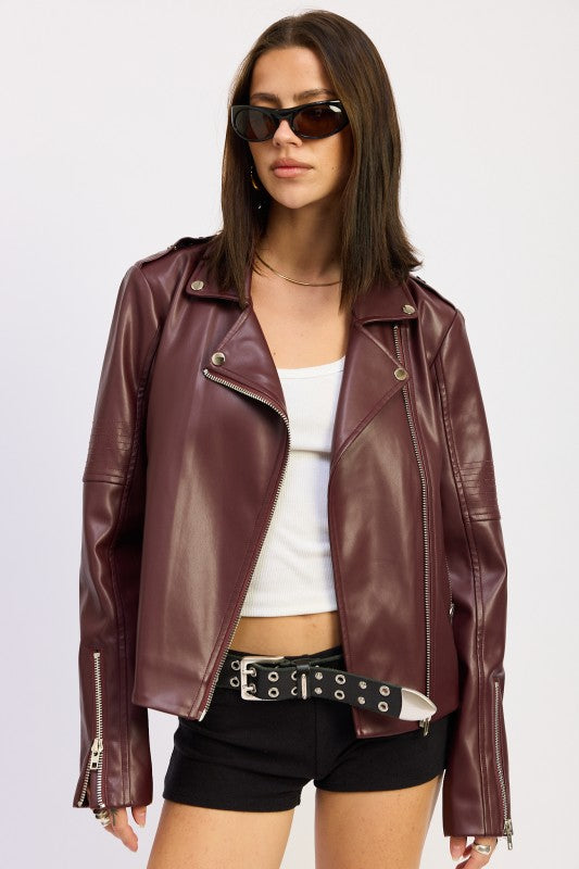 Gwen Faux Leather Biker Jacket in burgundy, front view with asymmetrical zip and silver hardware.