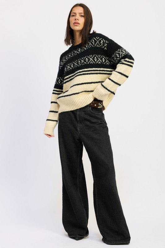 Black cream Adaline Fair Isle Striped Oversized Sweater, angled view highlighting knit texture.