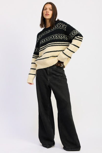 Black cream Adaline Fair Isle Striped Oversized Sweater, angled view highlighting knit texture.