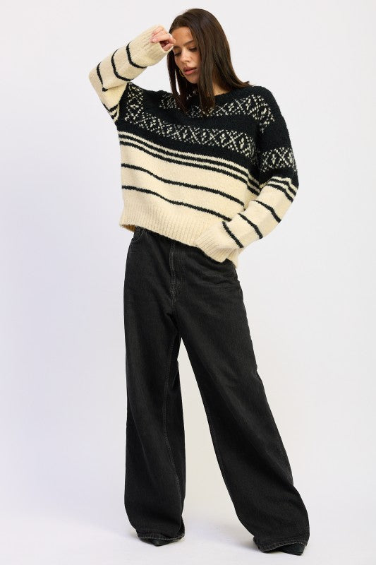 Long sleeve knit Adaline Fair Isle Striped Oversized Sweater, black cream stripes, relaxed silhouette.