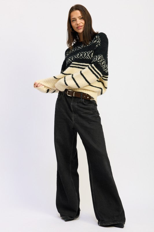 Adaline Fair Isle Striped Oversized Sweater in black cream, side angle showing relaxed fit.