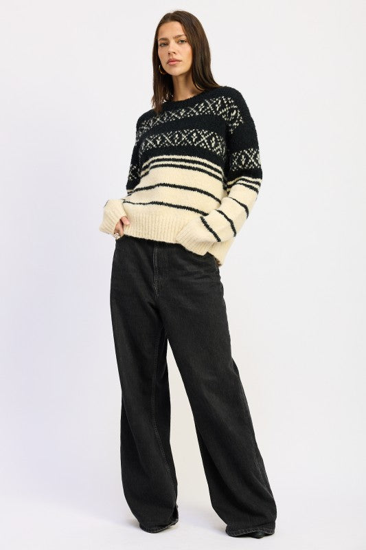 Adaline Fair Isle Striped Oversized Sweater black cream, sweater knit pattern front view.