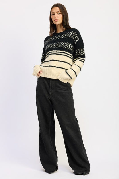 Adaline Fair Isle Striped Oversized Sweater black cream, sweater knit pattern front view.