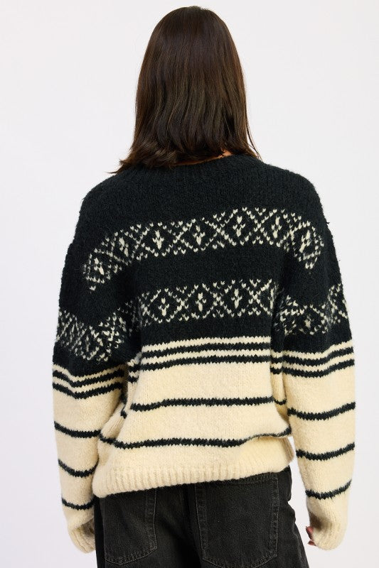Back view Adaline Fair Isle Striped Oversized Sweater, black cream fair isle stripes.