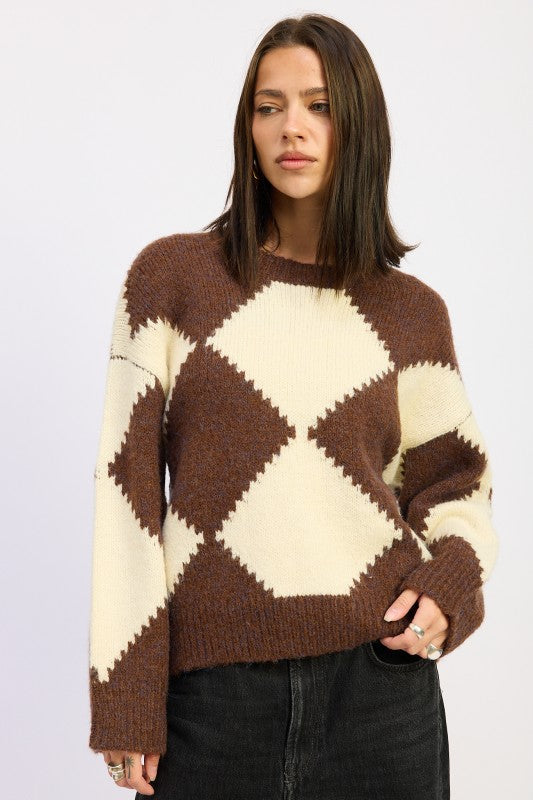 Front view of Cassidy Argyle Oversized Sweater in chocolate and ivory