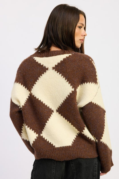 Back view of Cassidy Sweater featuring oversized chocolate and ivory argyle
