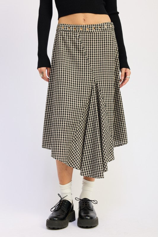 Front view showing high-low hem and grommet waistband on Karrigan Skirt.