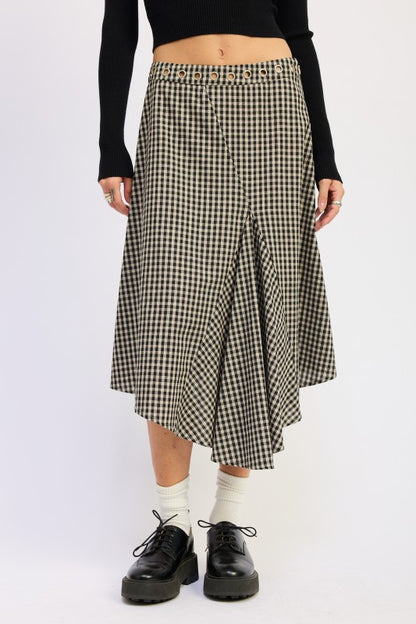 Front view showing high-low hem and grommet waistband on Karrigan Skirt.