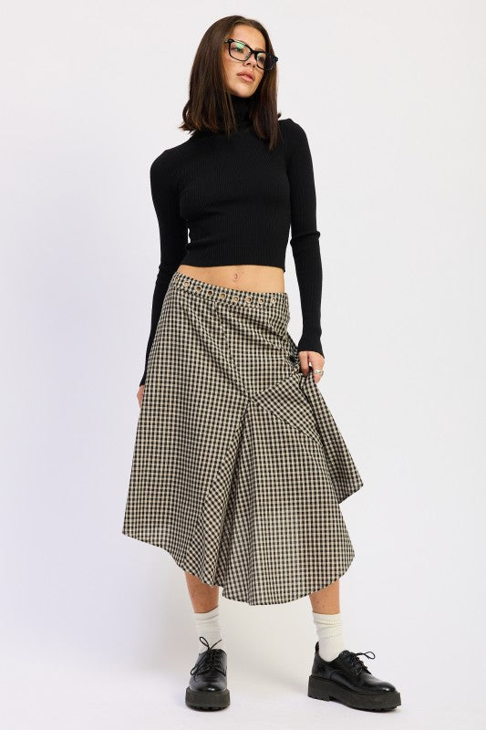 Front view showing flowy fit and gingham pattern of Karrigan Asymmetrical Skirt.