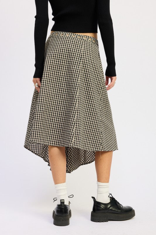 Back view of Karrigan Asymmetrical Skirt featuring high-low hemline and gingham fabric.