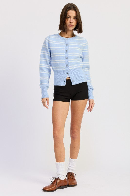Lucia Button Down Striped Cardigan sky blue full body styled with black shorts