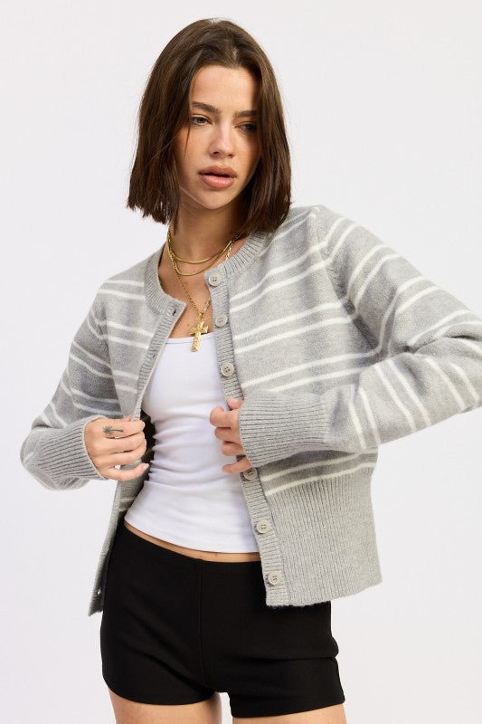 Lucia Button Down Striped Cardigan gray front view with cropped hem and long sleeves