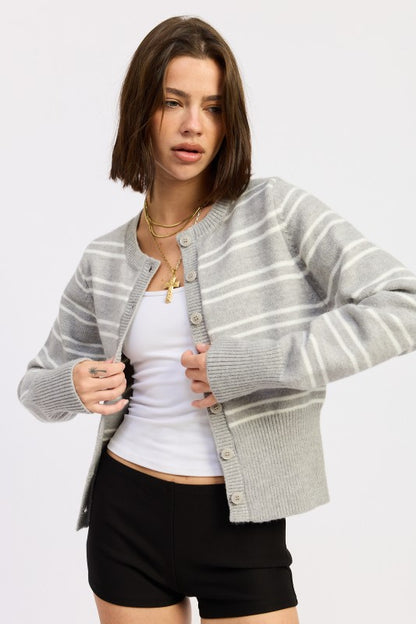 Lucia Button Down Striped Cardigan gray front view with cropped hem and long sleeves