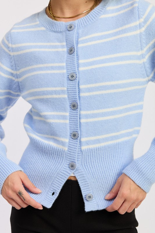Lucia Button Down Striped Cardigan sky blue close up highlighting buttons and knit