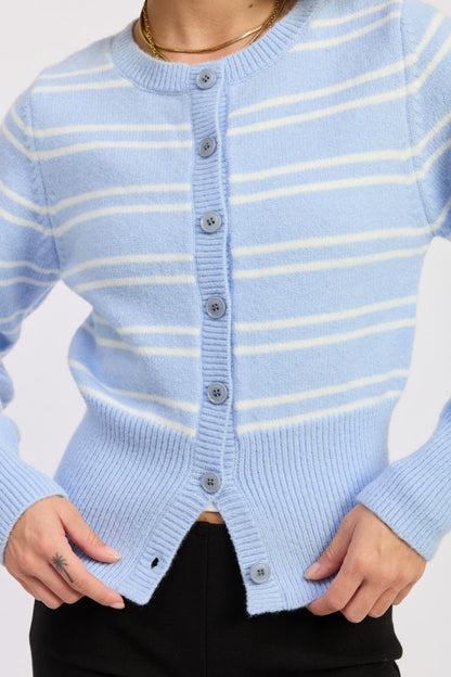 Lucia Button Down Striped Cardigan sky blue close up highlighting buttons and knit