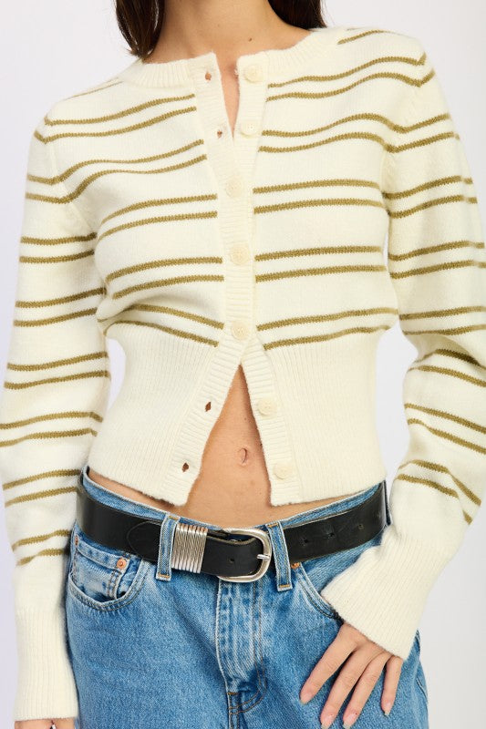 Lucia Button Down Striped Cardigan ivory close up showing knit and stripe detail