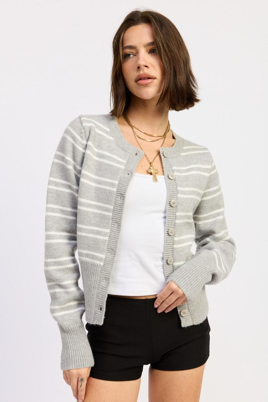 Lucia Button Down Striped Cardigan gray front view with ribbed hem and button-front