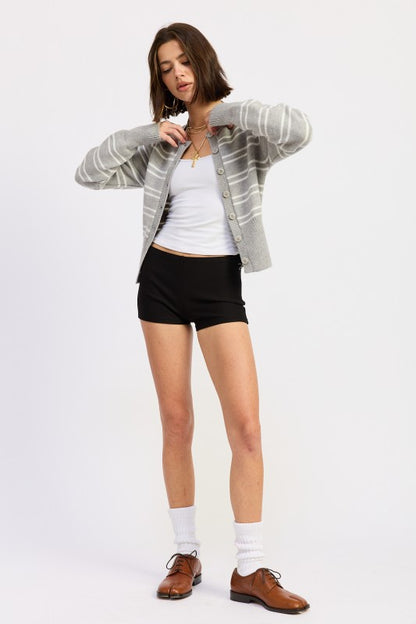 Lucia Button Down Striped Cardigan gray full body open style layered over tank