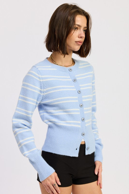 Lucia Button Down Striped Cardigan sky blue side view highlighting ribbed details