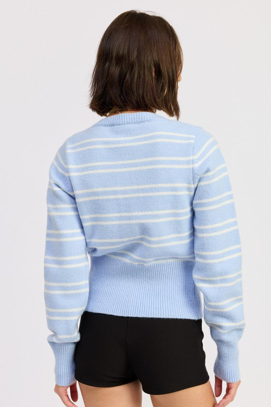 Lucia Button Down Striped Cardigan sky blue back view showing stripe pattern