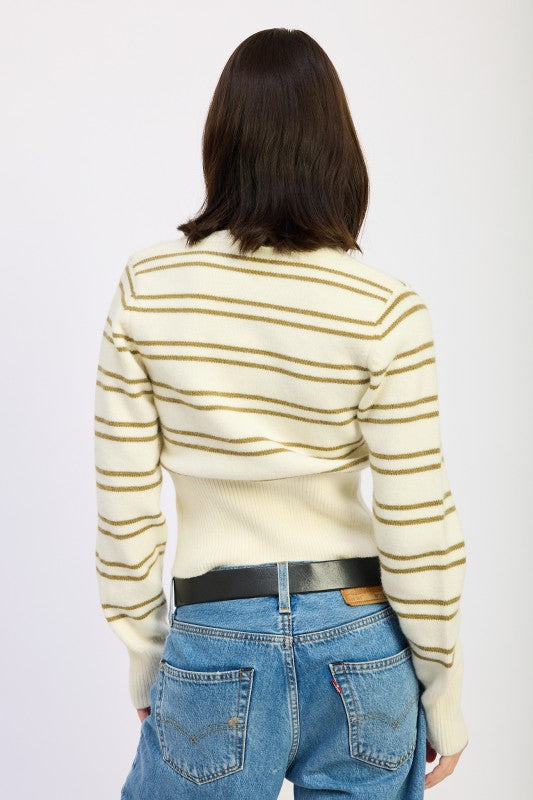 Lucia Button Down Striped Cardigan ivory back view with olive stripe pattern