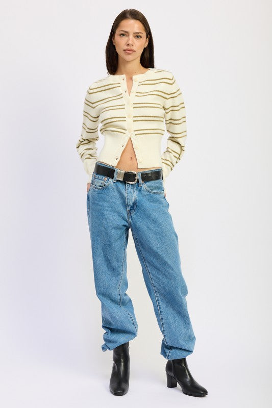 Lucia Button Down Striped Cardigan ivory full body styled with jeans and boots