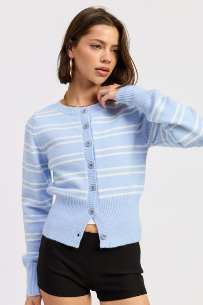 Lucia Button Down Striped Cardigan sky blue front view with long sleeves