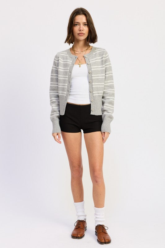 Lucia Button Down Striped Cardigan gray full body styled with tank and shorts