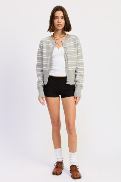 Lucia Button Down Striped Cardigan gray full body styled with tank and shorts