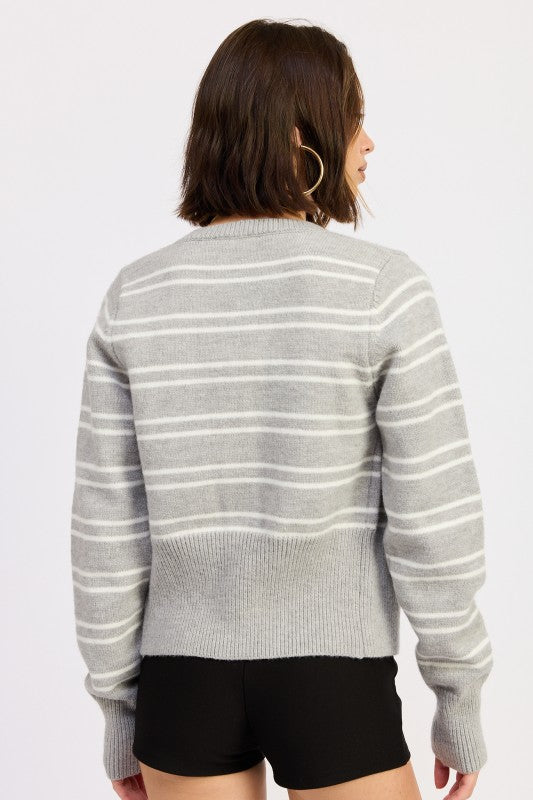 Lucia Button Down Striped Cardigan gray back view with stripe detail